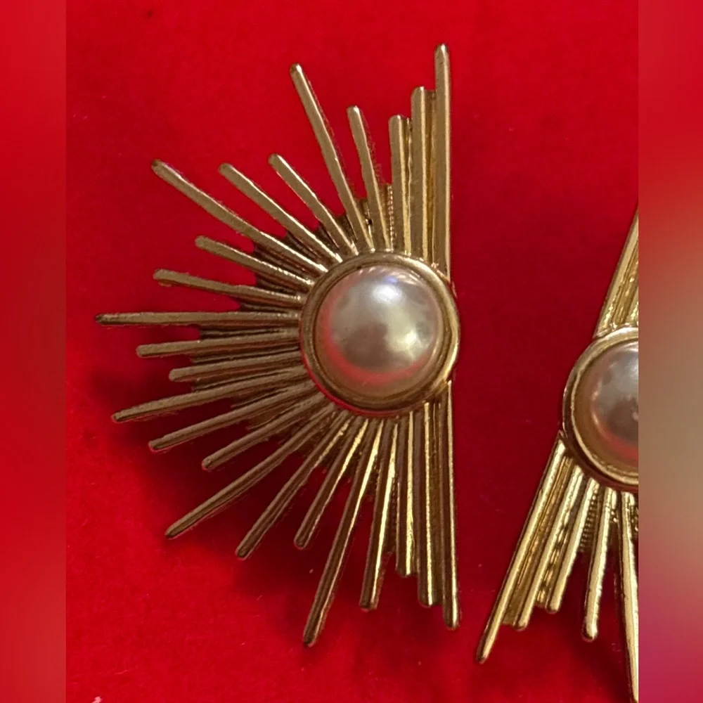 Gold Sunburst Pearl Statement Earrings Celestial Starburst 1.5”